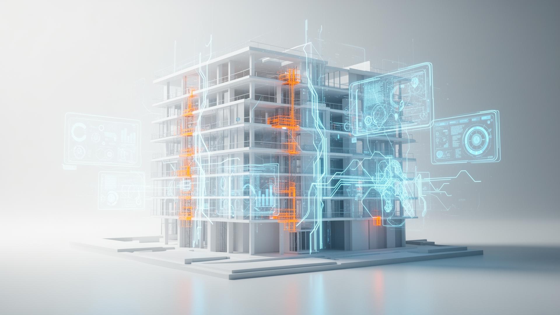 Model architektoniczny BIM 3D z świecącą nakładką danych AI